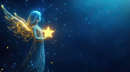 Fototapeta premium Celestial Angel with Guiding Star: A luminous angel, wings shimmering with stardust, gently holds a radiant golden star against a deep blue, cosmic backdrop.
