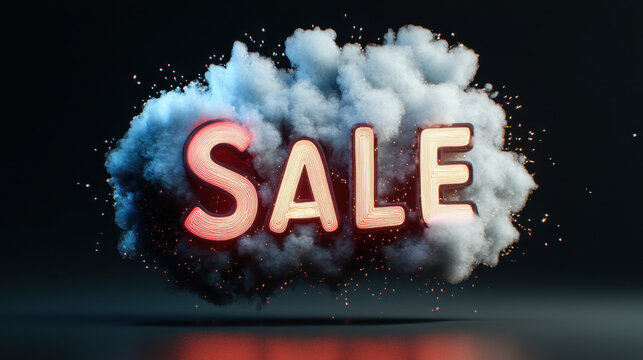vibrant 3D representation of word SALE surrounded by cloud like formation, creating eye catching visual effect. neon hues and dynamic design evoke excitement and urgency