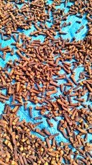 blue and white texture, dried clove seeds