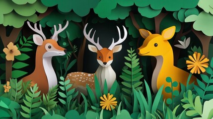 Obraz premium Digital craft illustration of animals in a forest for World Environment Day, blending nature and wildlife in paper art style.