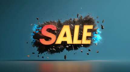 Bright SALE text mid explosion with glowing effects, creating eye catching promotional visual that captures attention and conveys excitement