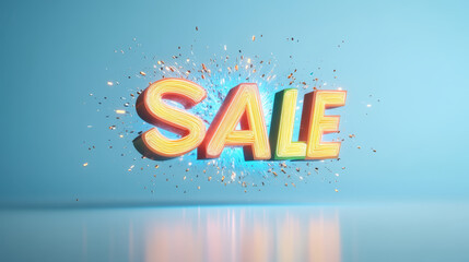 Bright and vibrant SALE text bursts with energy against blue background, creating eye catching visual explosion that conveys excitement and urgency