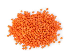 Pile of raw lentils isolated on white, top view