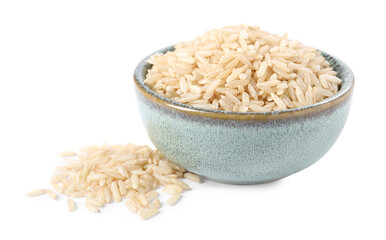 Raw rice in bowl isolated on white
