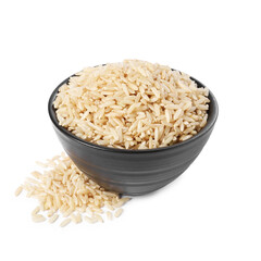 Raw rice in bowl isolated on white