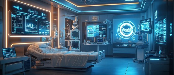 Obraz premium Futuristic Hospital Room Interior with Medical Equipment and Screens