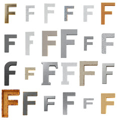 Fototapeta premium Metallic 'F' Letters Set with Transparent Background - Isolated Decorative Metal Font Collection for Design Projects