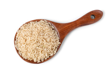 Raw rice in wooden spoon isolated on white, top view