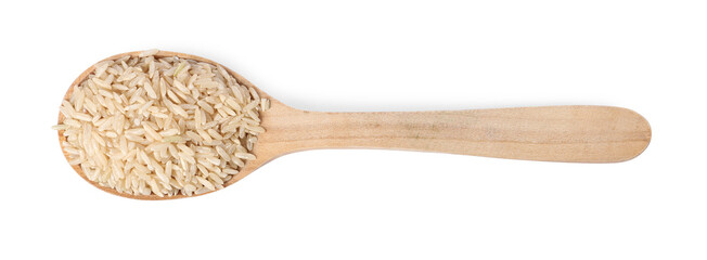 Raw rice in wooden spoon isolated on white, top view