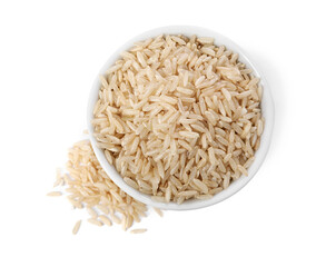 Raw rice in bowl isolated on white, top view