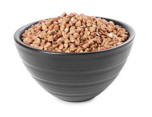 Raw buckwheat in bowl isolated on white
