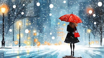 A girl in the city, walking with an umbrella under heavy snowfall, in the style of watercolor