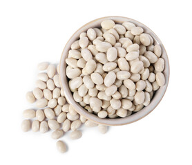 Dried beans in bowl isolated on white, top view