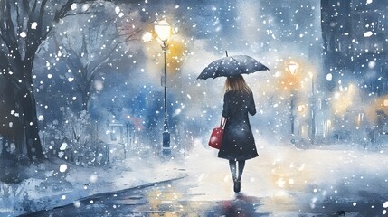 A girl in the city, walking with an umbrella under heavy snowfall, in the style of watercolor