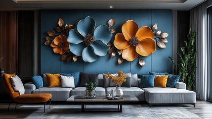 three modern 3d floral wall art panels in blue and gold add a sophisticated touch to a contemporary interior blending elegance with artistic flair and creating a focal point in the space