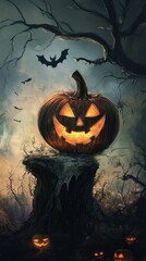 Jack-o'-lantern on stump with bats flying at dusk.