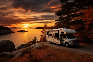 Autumn adventure  rv camping by the colorful lake with fishing, scenic mountains and trees