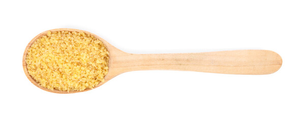 Raw bulgur in wooden spoon isolated on white, top view