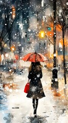A girl in the city, walking with an umbrella under heavy snowfall, in the style of watercolor