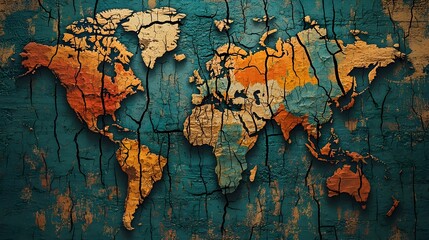Naklejka premium Cracked World Map Symbolizing Broken Trade Relations and Global Conflict