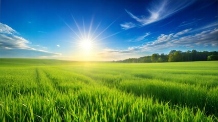 Fototapeta premium Vast green field under bright sunlight with blue sky and clouds, peaceful summer landscape