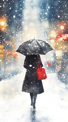 A girl in the city, walking with an umbrella under heavy snowfall, in the style of watercolor