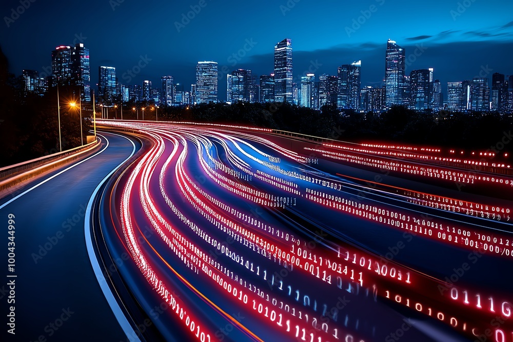Aufkleber A futuristic cityscape with encrypted digital data streams, representing anonymous communication in a high-tech, advanced society