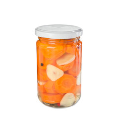 Tasty pickled carrots in jar isolated on white
