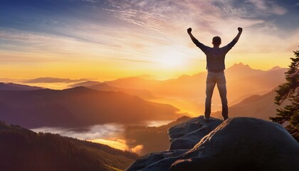 A person standing triumphantly on the edge of a mountain peak, arms raised in victory. The background features a breathtaking sunrise, casting a golden light over the mountains and valleys below, repr