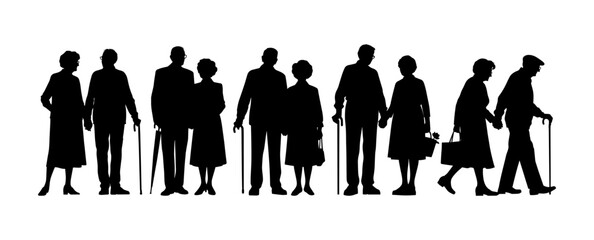 Vector illustration. An elderly couple of pensioners. A large set of people.	
