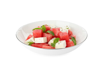Delicious watermelon salad with mint and feta cheese in bowl isolated on white
