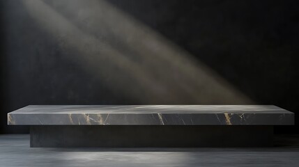 3D product table in an empty studio against a black wall. Podium for presentation