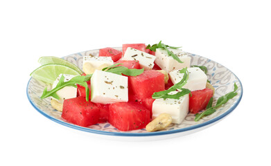 Delicious watermelon salad with feta cheese, cashew nuts and spices isolated on white
