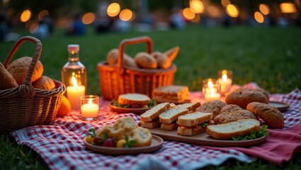 Fototapeta premium Romantic Picnic Basket with Sandwiches and Candles in a Park at Sunset