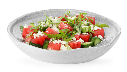 Delicious watermelon salad with feta cheese, cucumber and arugula isolated on white