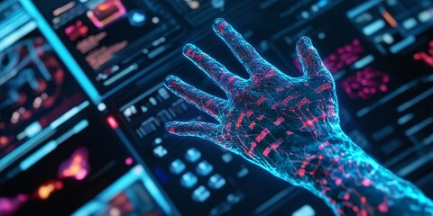 Obraz premium Biotechnology in Human-Machine Interfaces: Showcasing the integration of biological elements with advanced technology.