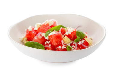 Tasty salad with watermelon, feta cheese and basil isolated on white