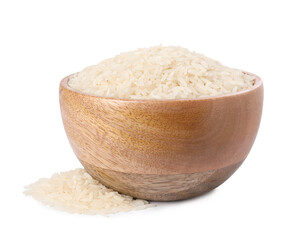 Raw rice in bowl isolated on white