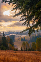 Sunrise misty morning taken in Carpathian mountains, Ukraine