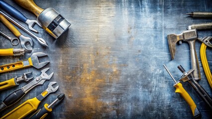 Home improvement tooling set on scratched metallic background for DIY projects