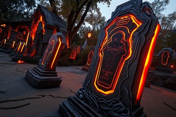 Obraz premium A futuristic haunted graveyard with digital tombstones and glowing projections, creating a high-tech Halloween experience filled with ghostly figures and eerie lighting