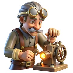 Naklejka premium 3D Character of a Steampunk Inventor Fixing a Mechanical Device