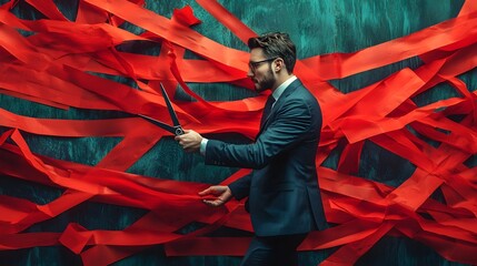 Businessman Cutting Through Red Tape to Free Up Blocked Trade and Bureaucratic Obstacles