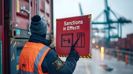 Fototapeta premium Customs Officer Holding Sanctions in Effect Sign Disrupting Global Commerce