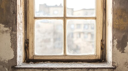 Fototapeta premium A weathered window frame revealing a blurred cityscape beyond.