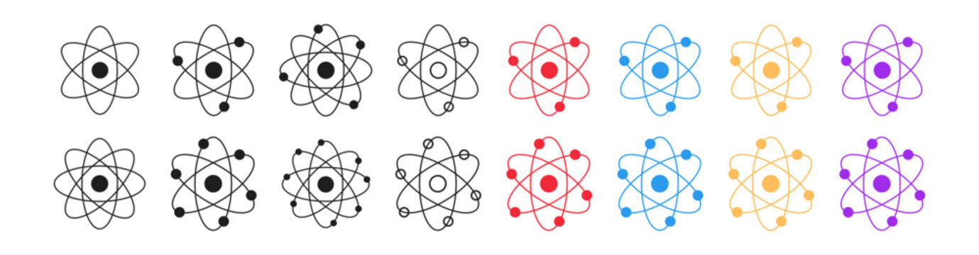 Set of atom icons with colored versions, black silhouettes, black outlined atoms with orbiting electrons, isolated on white background. Concept of science, physics, atomic structure. Design elements.