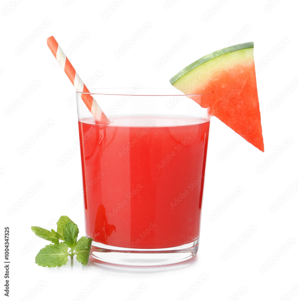 Sticker Tasty watermelon drink in glass and mint isolated on white