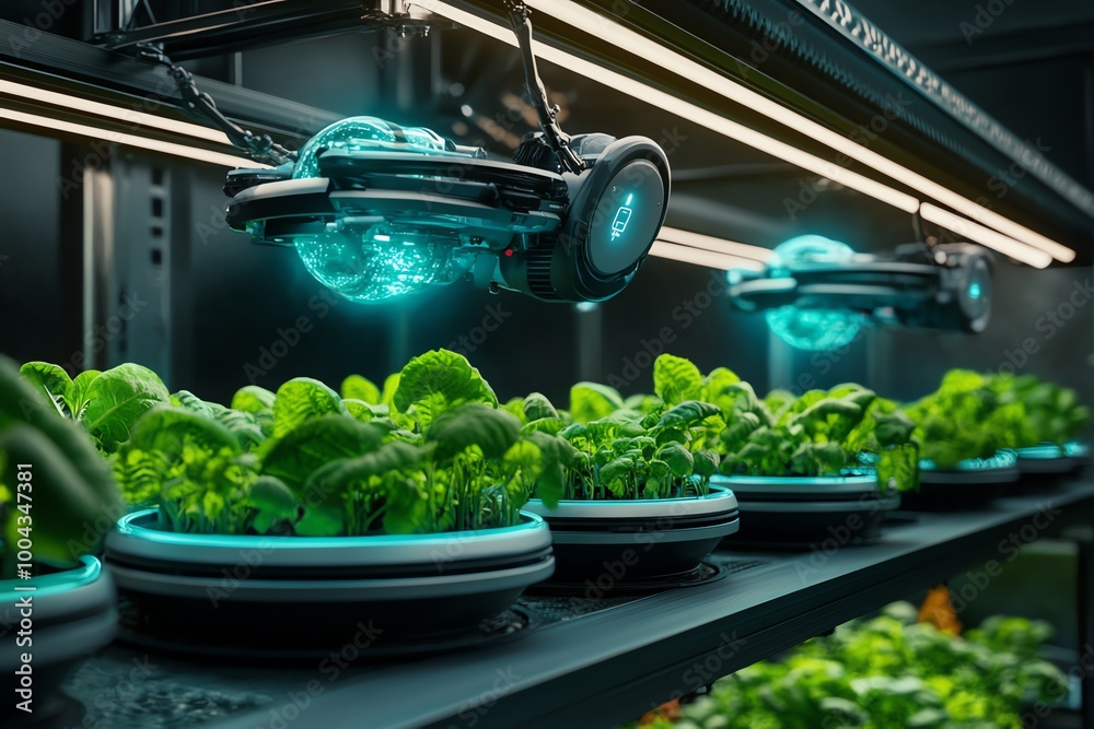 Poster a futuristic magical farm using enchanted technology, where glowing crops are managed by floating ai