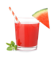 Tasty watermelon drink in glass and mint isolated on white