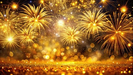 Sparkling Golden Glitter Background with Vibrant Fireworks Lighting Up the Night Sky in Celebration